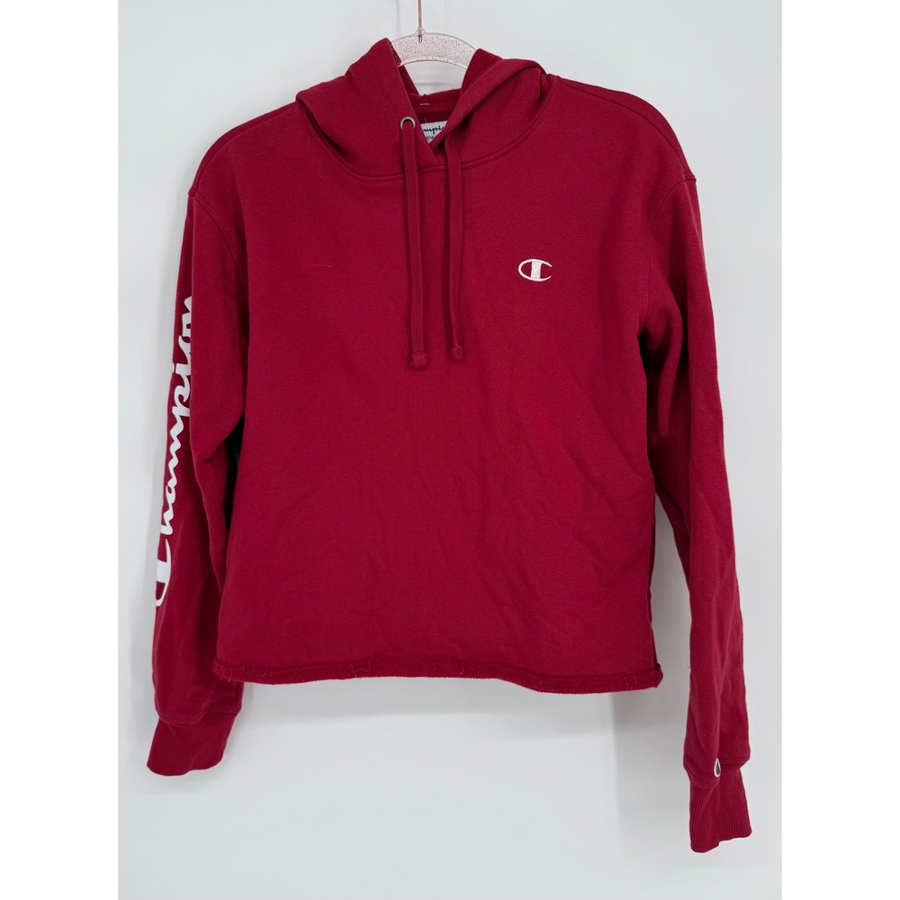 Champion Womens Red Cropped Hoodie Fleece Sweatshirt Raw Hem Sz M NEW
